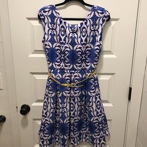 Blue Patterned Dress with Yellow Belt